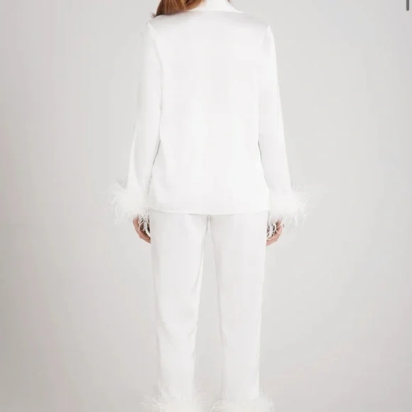 Nadine Merabi NWT Darcie Luxe White Feather Trim Silk Pajamas Bridal Bach - Picture 3 of 4